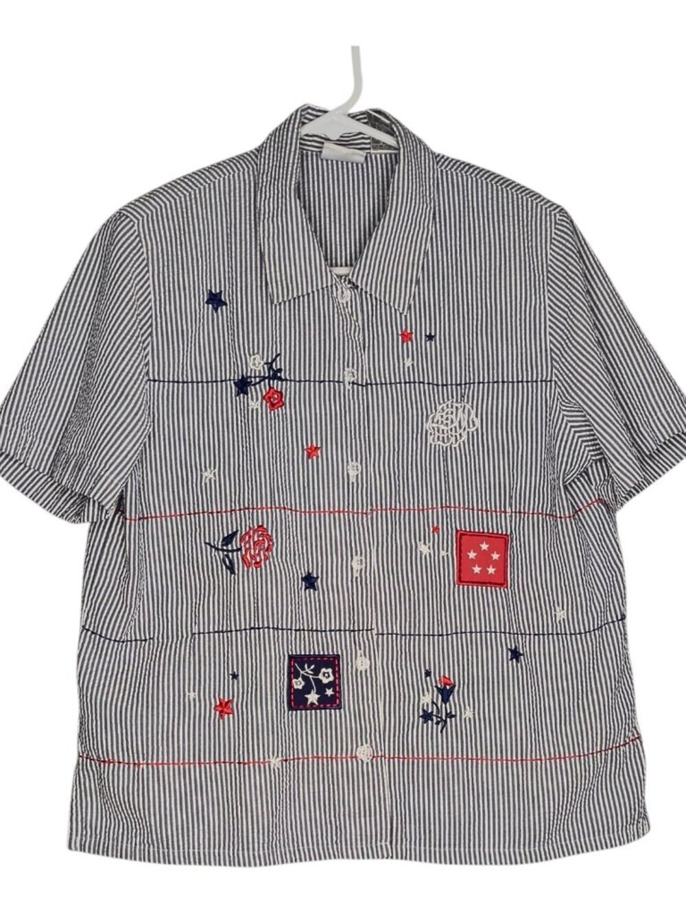 Vintage Koret Button Up Blouse Short sleeve Blue White Stripped Patriotic Medium